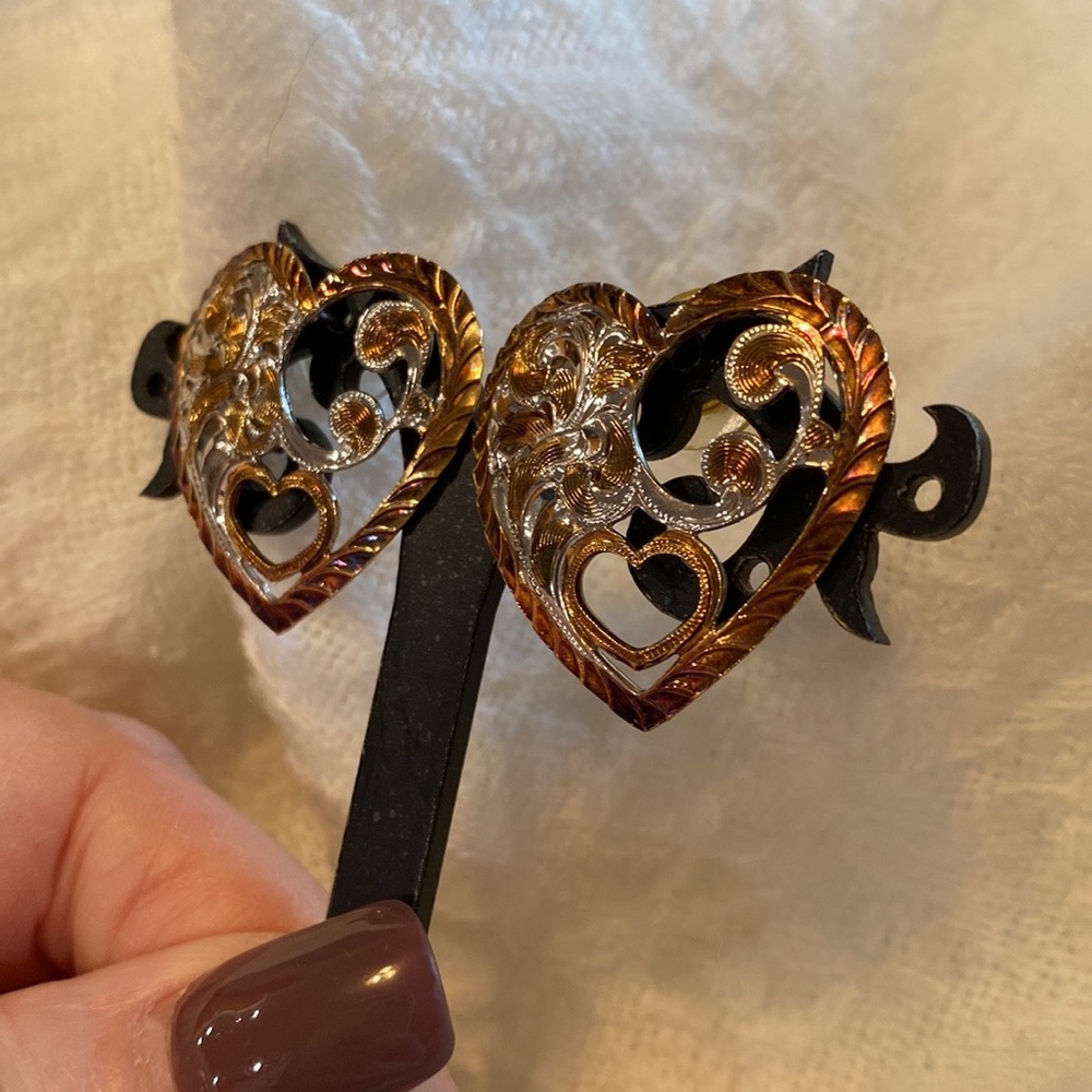 Crumrine Gold and Sterling Silver Western Heart Engraved Post Earrings Vintage